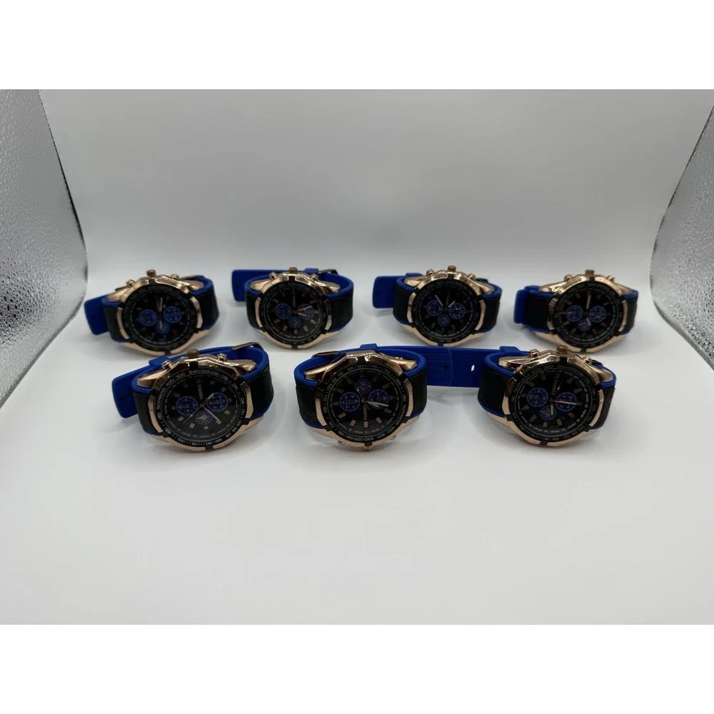 Lot of 7 Geneva Men's Sport Watches Blue Black Silicone Strap Rose Gold Tone